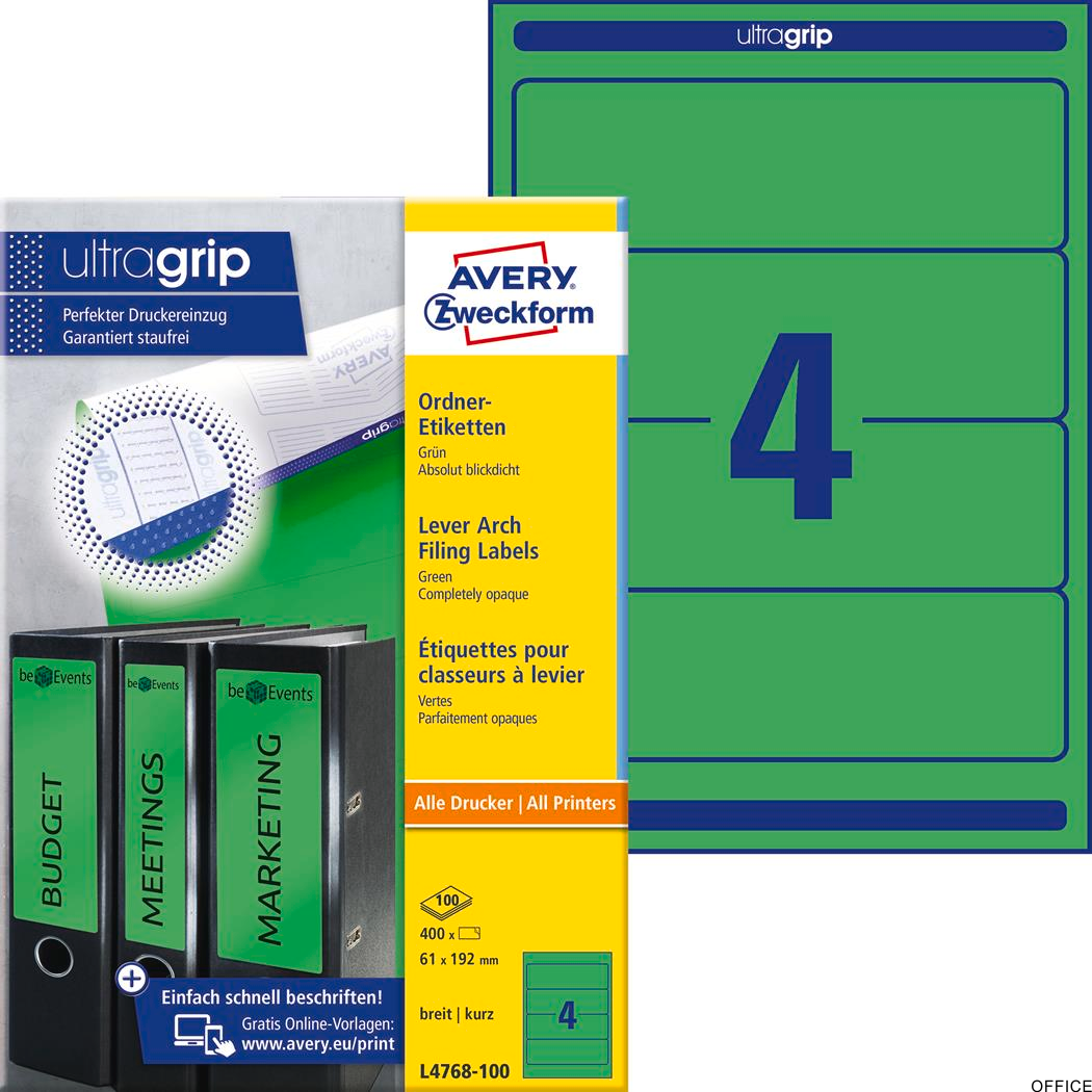 Etykiety na segregatory L4768-100 61x192 100 ark zielone, Avery Zweckform