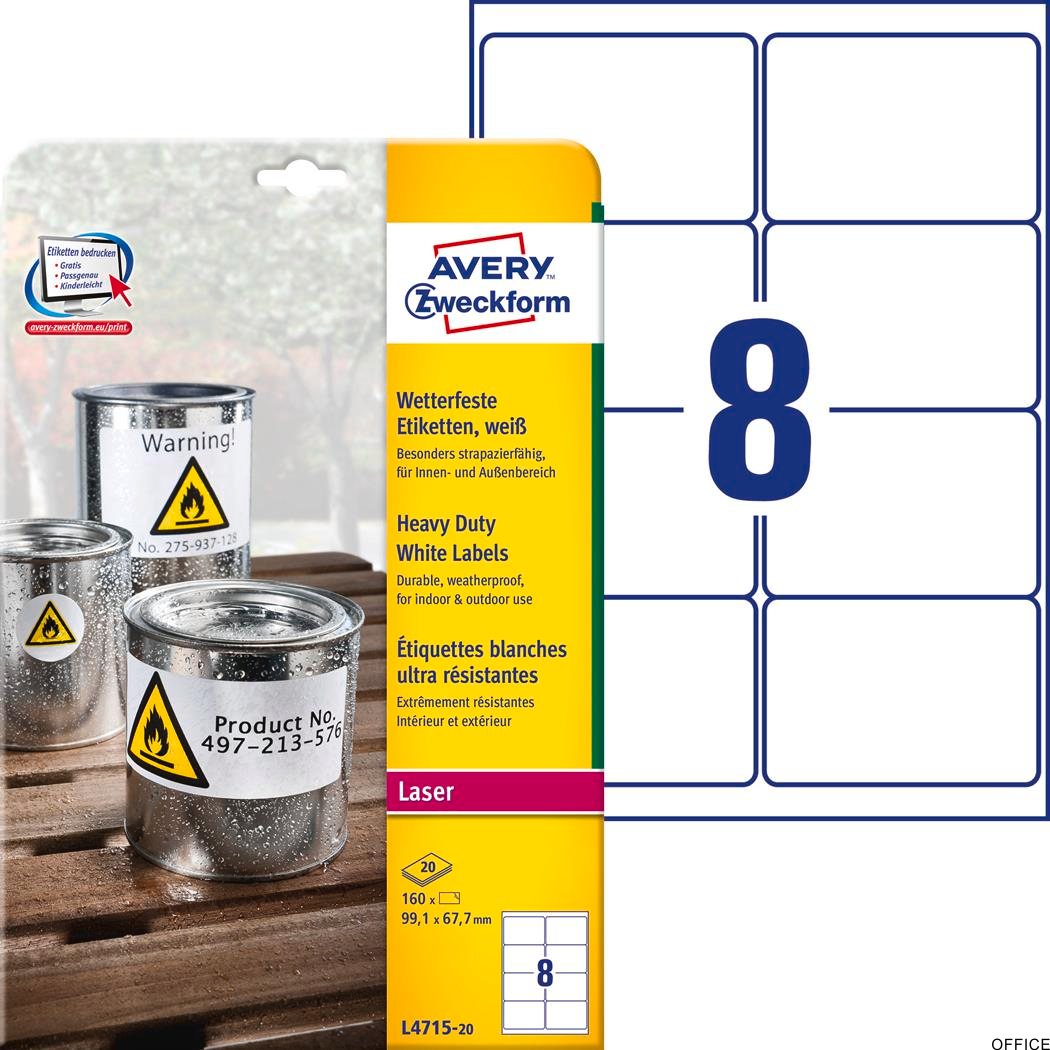Etykiety Heavy Duty L4715-20 99,1 x 67,7 20 ark Avery Zweckform, białe, poliestrowe (X)
