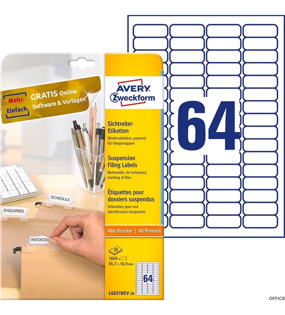 Et. na segegatory L6021REV-25 45,7x16,9 25ark na segegatory podwieszane, Avery Zweckform, białe, usuwalne