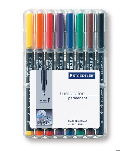 Foliopis Lumocolor, F, wodoodporny, zestaw 8 kol.  (1, 2, 3, 4, 5, 6, 7, 9) w etui box, Staedtler S 318 WP8