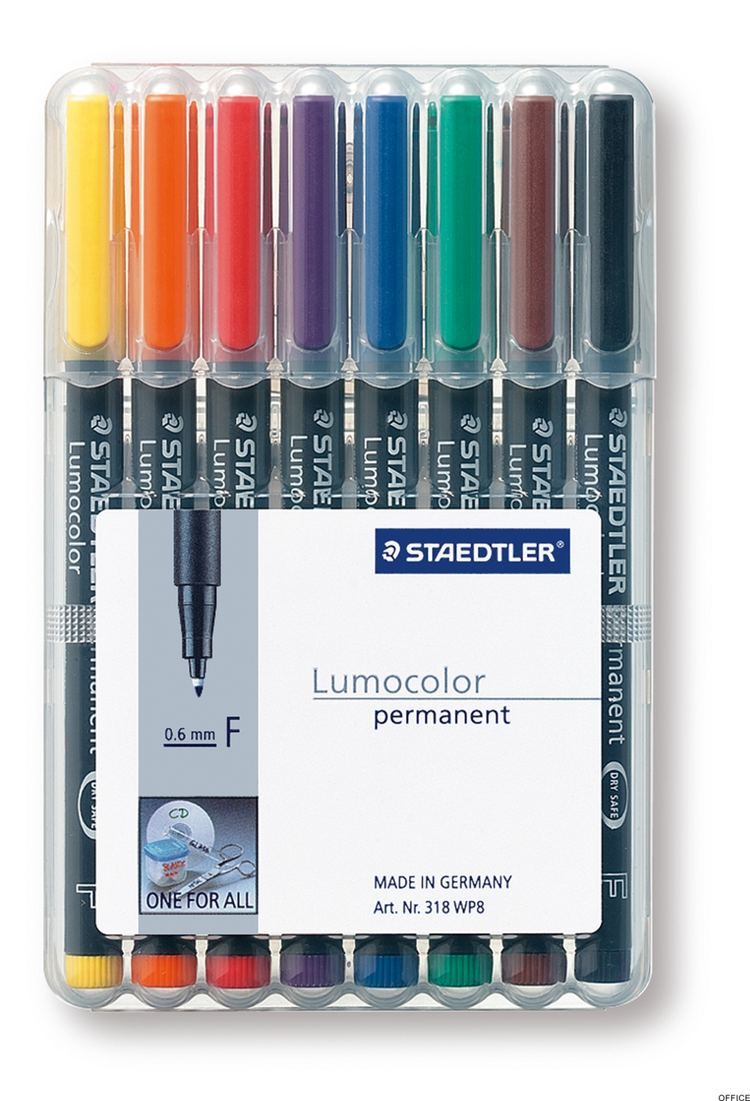 Foliopis Lumocolor, F, wodoodporny, zestaw 8 kol.  (1, 2, 3, 4, 5, 6, 7, 9) w etui box, Staedtler S 318 WP8