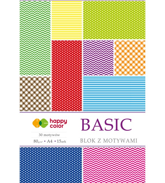 Blok z motywami BASIC, 80g/m2, A4, 15 ark, 30 motyw, Happy Color HA 3808 2030-A