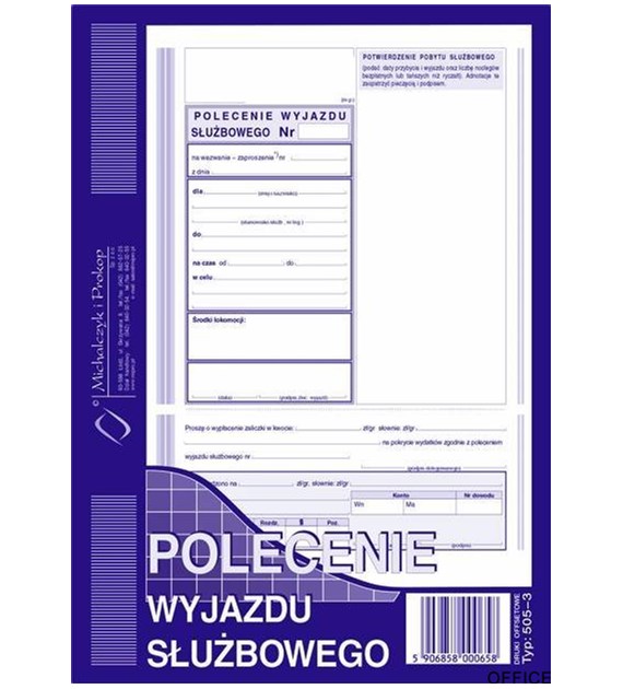 505-3 Polecenie wyjazdu służbowego MICHALCZYK&PROKOP A5 40 kartek