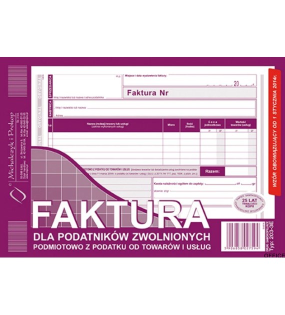 203-3E Faktura dla podatników zwolnionych z VAT A5 (o+1k) MICHALCZYK