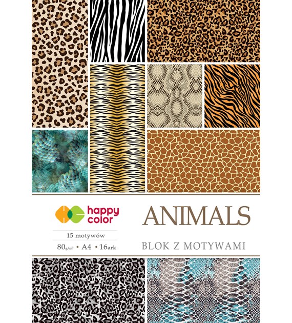 Blok z motywami ANIMALS, 80g/m2, A4, 15+1 ark, 15 motyw, Happy Color HA 3808 2030-M