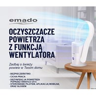 Wentylator bezłopatkowy, oczyszczacz powietrza, cichy,  pilot, WiFi, światło UV-C, Filtr HEPA 13, biały, EMADO W-020 M-F-UV-C