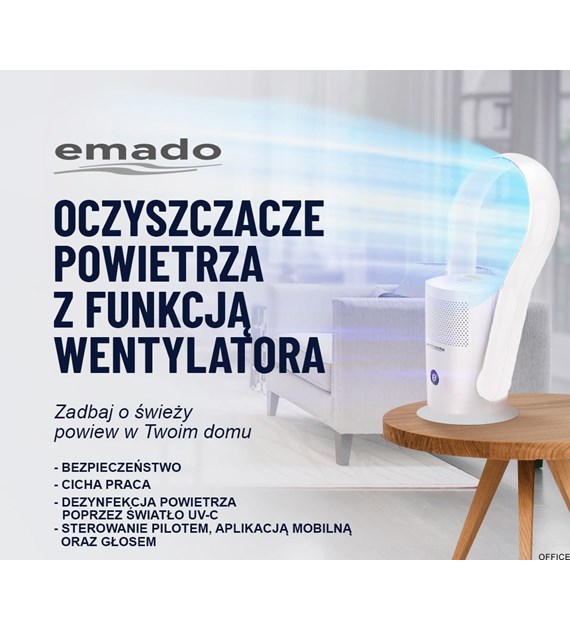 Wentylator bezłopatkowy, oczyszczacz powietrza, cichy,  pilot, WiFi, światło UV-C, Filtr HEPA 13, biały, EMADO W-020 M-F-UV-C