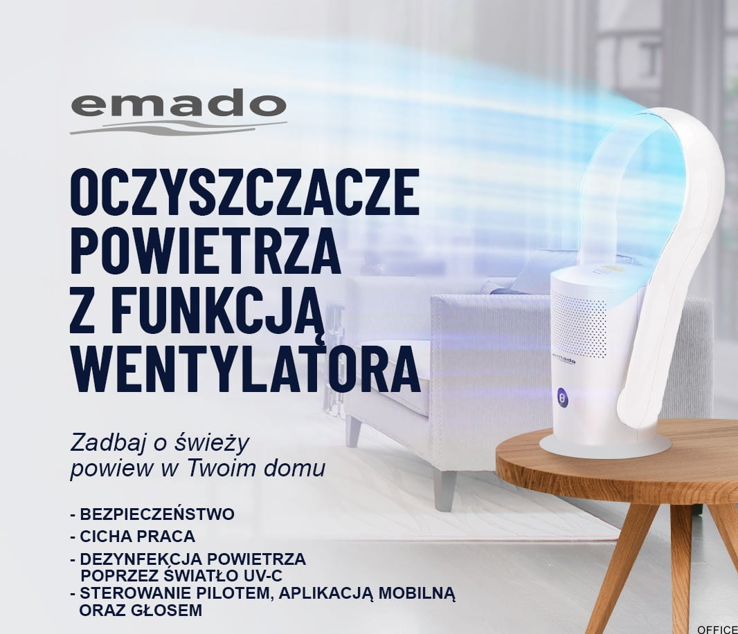 Wentylator bezłopatkowy, oczyszczacz powietrza, cichy,  pilot, WiFi, światło UV-C, Filtr HEPA 13, biały, EMADO W-020 M-F-UV-C