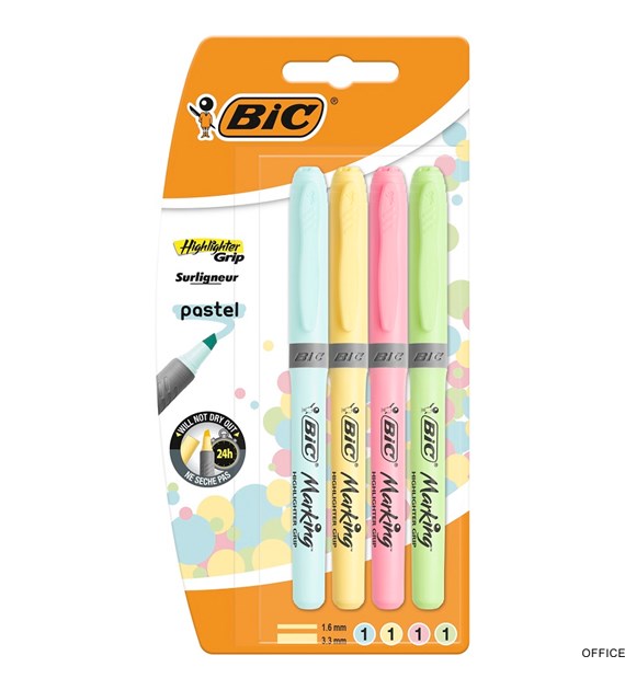 Zakreślacze BIC Highlighter Grip Pastel mix Blister 4szt, 964859