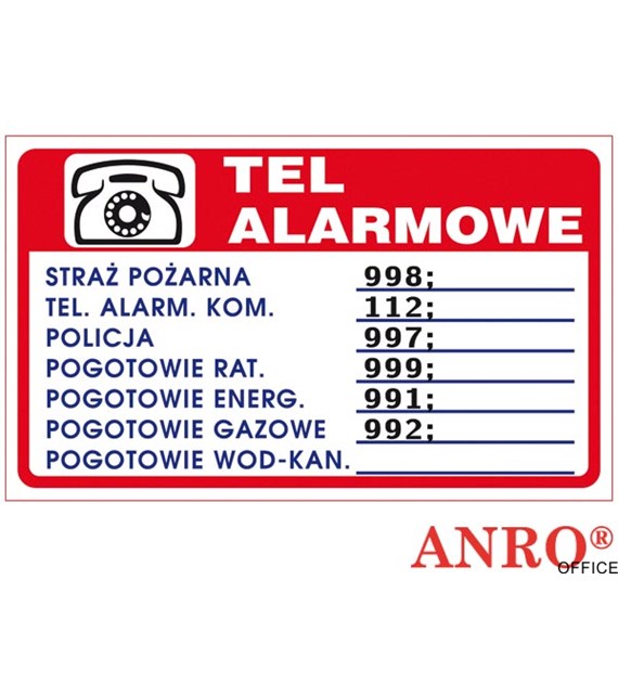 Tabliczka TELEFONY ALARMOWE ZZ-94P 150x200 PŁYTA PCV, ANPRO