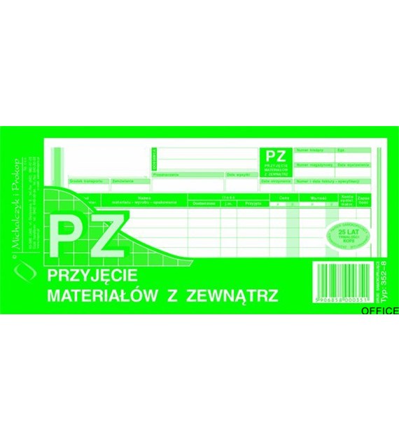 352-8 PZ przyjęcie materiałów z zewnątrz 1/3A4 80 kartek MICHALCZYK