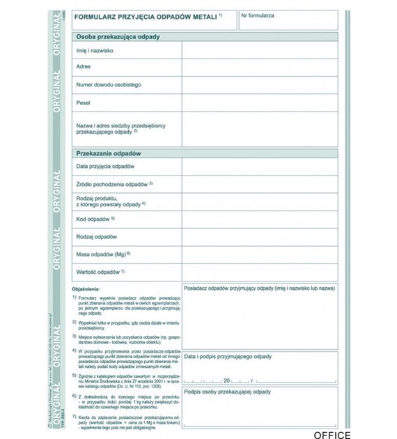 E-03-3 Formularz przyjęcia odpadów metali MICHALCZYK&PROKOP A5 80 kartek
