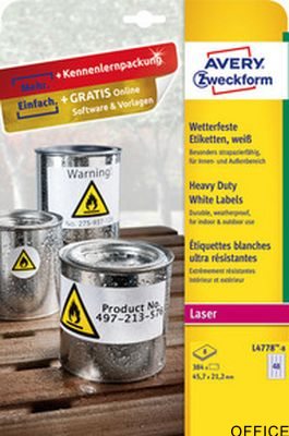 Etykiety Heavy Duty, A4, 8 ark./op., 45,7 x 21,2 mm, białe, poliestrowe, AVERY ZWECKFORM, L4778-8