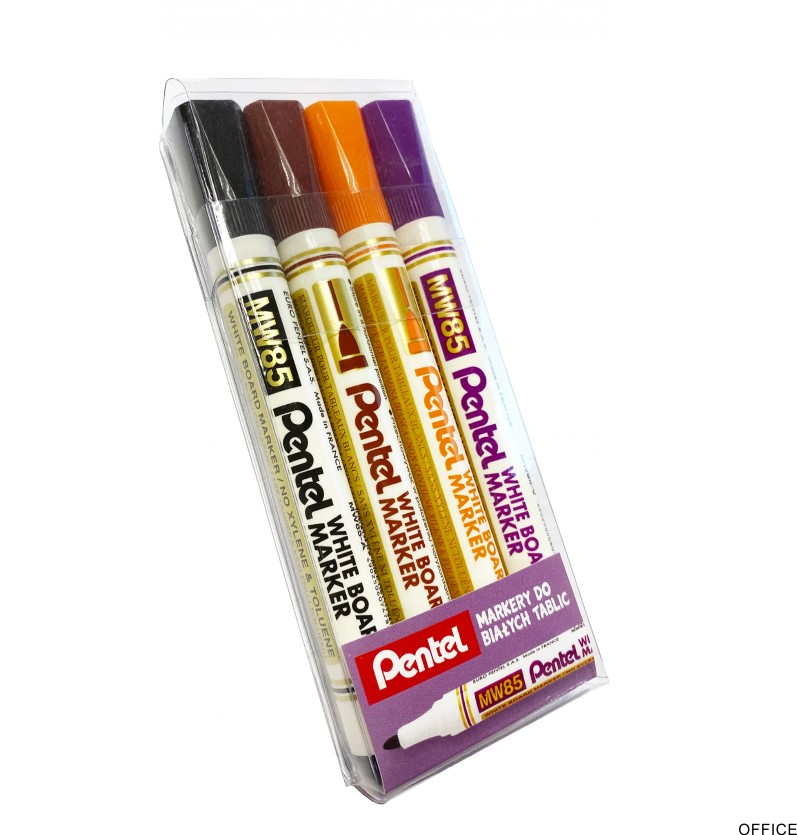 Marker do białych tablic PENTEL komplet 4szt w etui MW85-WA4AEFVPL suchościeralny  4 kolory