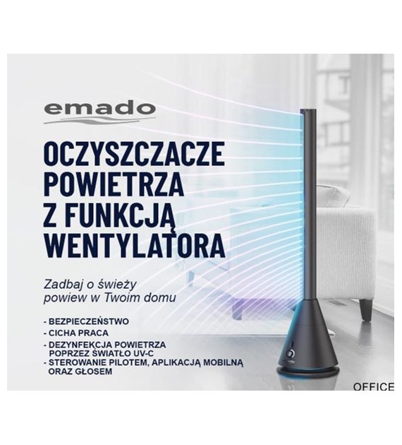 Wentylator bezłopatkowy, oczyszczacz powietrza, cichy, pilot, WiFi, światło UV-C, czarny, EMADO W-010 M-UV-C