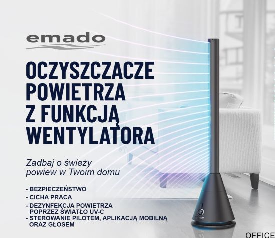 Wentylator bezłopatkowy, oczyszczacz powietrza, cichy, pilot, WiFi, światło UV-C, czarny, EMADO W-010 M-UV-C